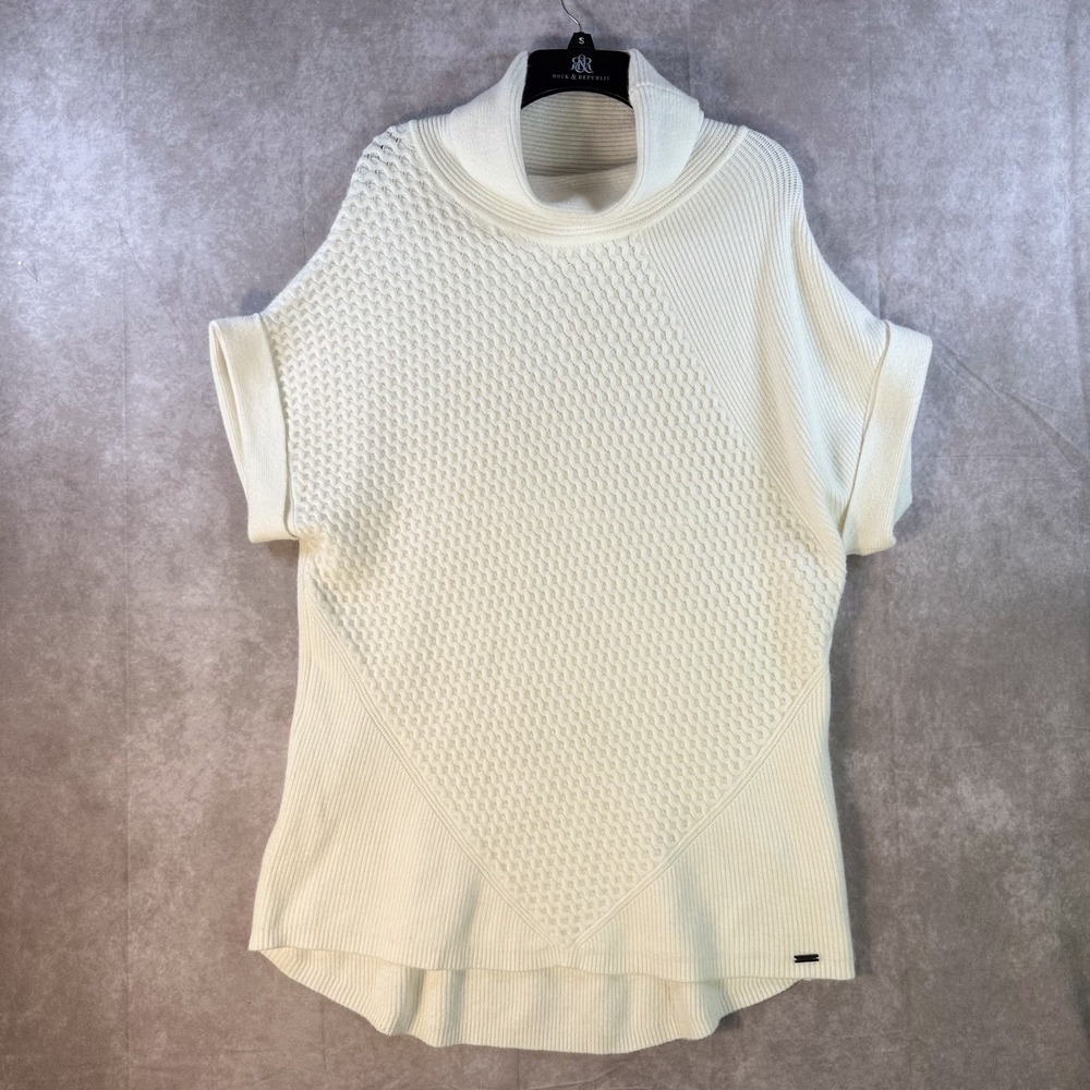 Picadilly Canada Sweater Women M/L White Waffle Knit Cowl Neck Short Sleeve